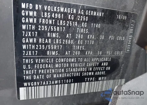 2010 Volkswagen Tiguan Se из США, поврежденный, VIN WVGBV7AX3AW511601